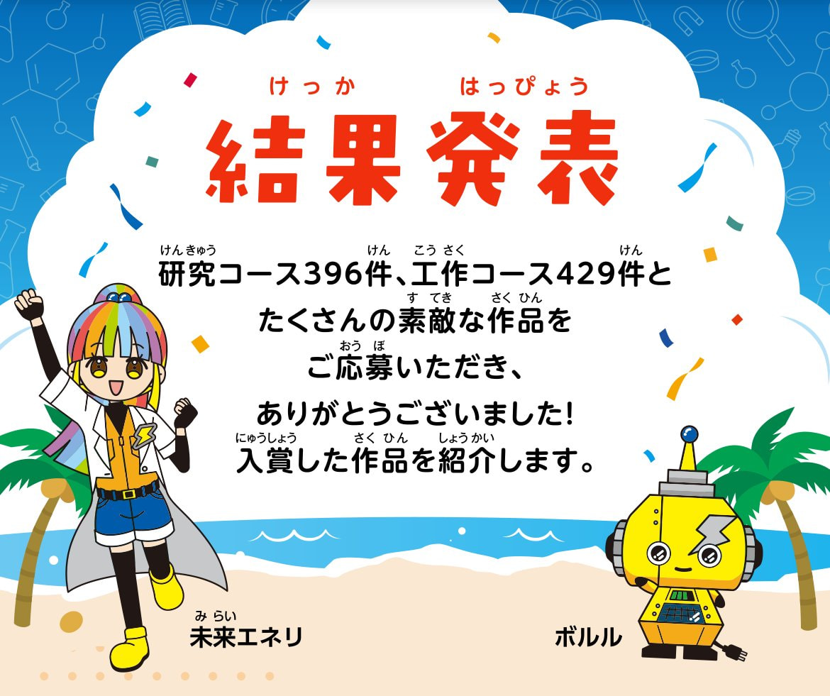 結果発表 研究コース396件、工作コース429件とたくさんの素敵な作品をご応募いただき、ありがとうございました！入賞した作品を紹介します。